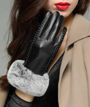 White Leather Gloves with Fleece Lining for Women